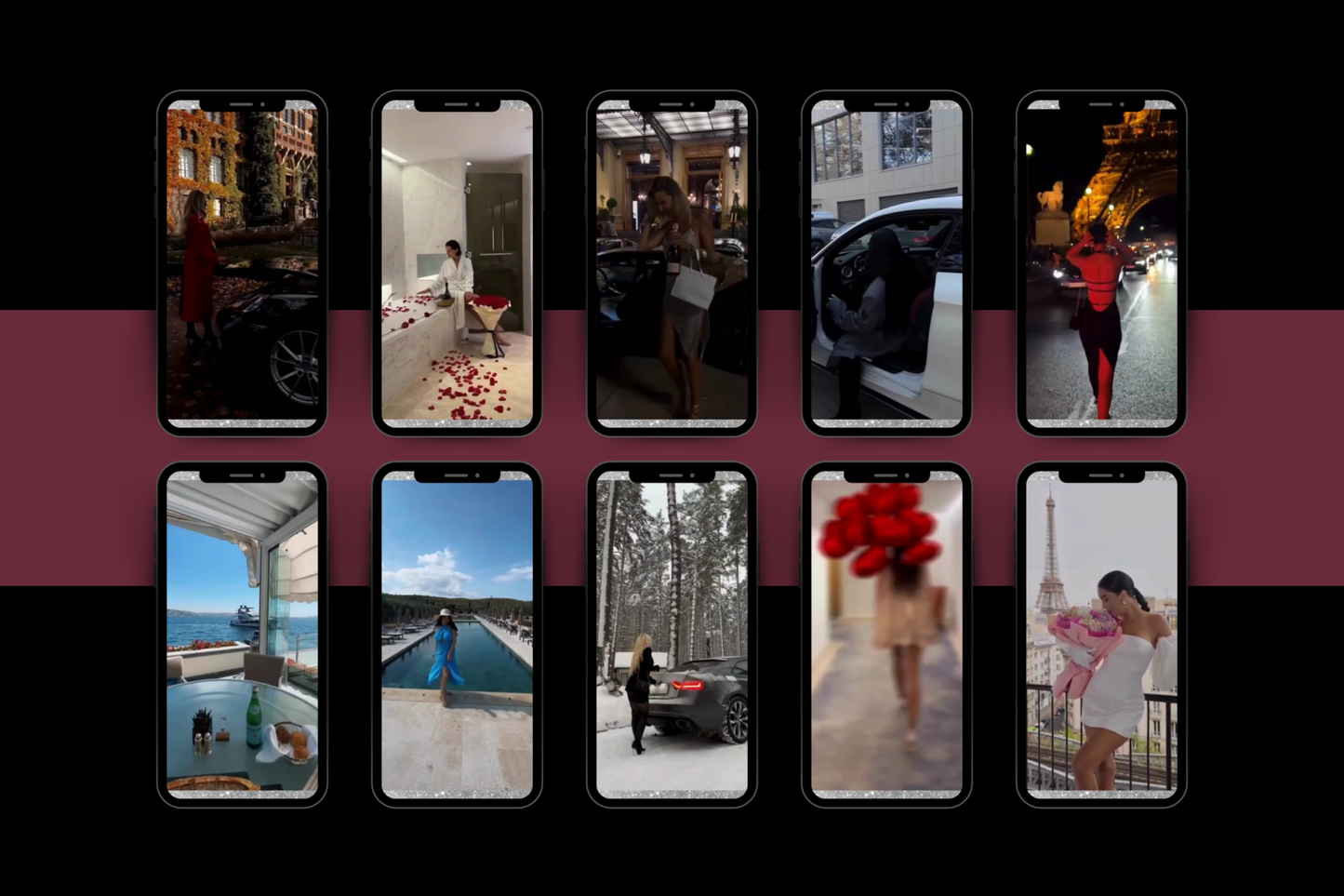 Grid of luxury lifestyle scenes featuring elegant outfits, scenic destinations, premium cars, and romantic moments displayed on smartphone screens.