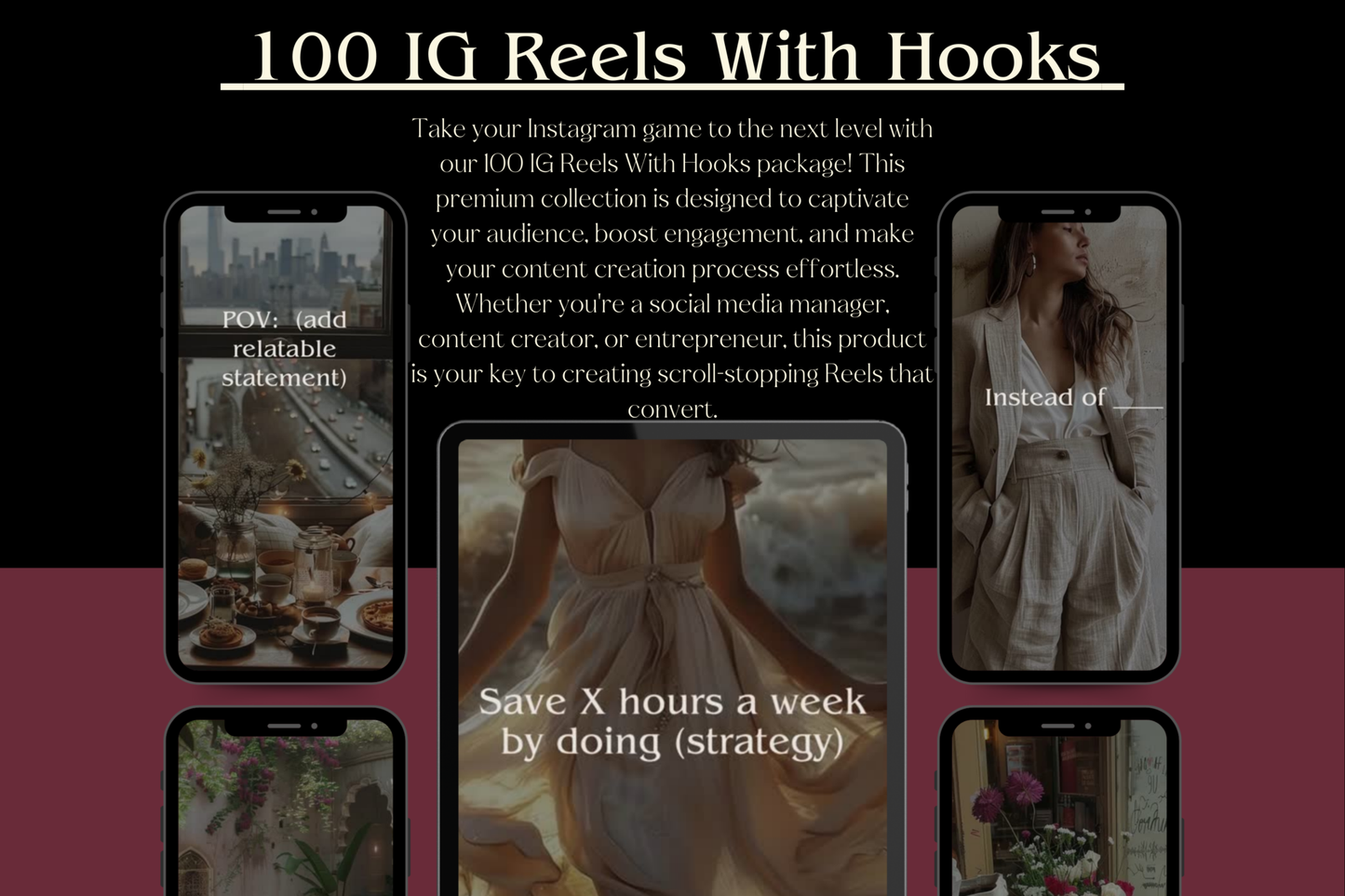 Promotional graphic for '100 IG Reels With Hooks' showcasing captivating visual ideas and strategies for creating high-engagement Instagram Reels.