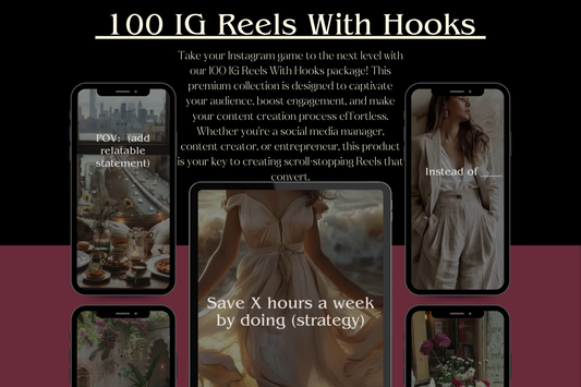 Promotional graphic for '100 IG Reels With Hooks' showcasing captivating visual ideas and strategies for creating high-engagement Instagram Reels.