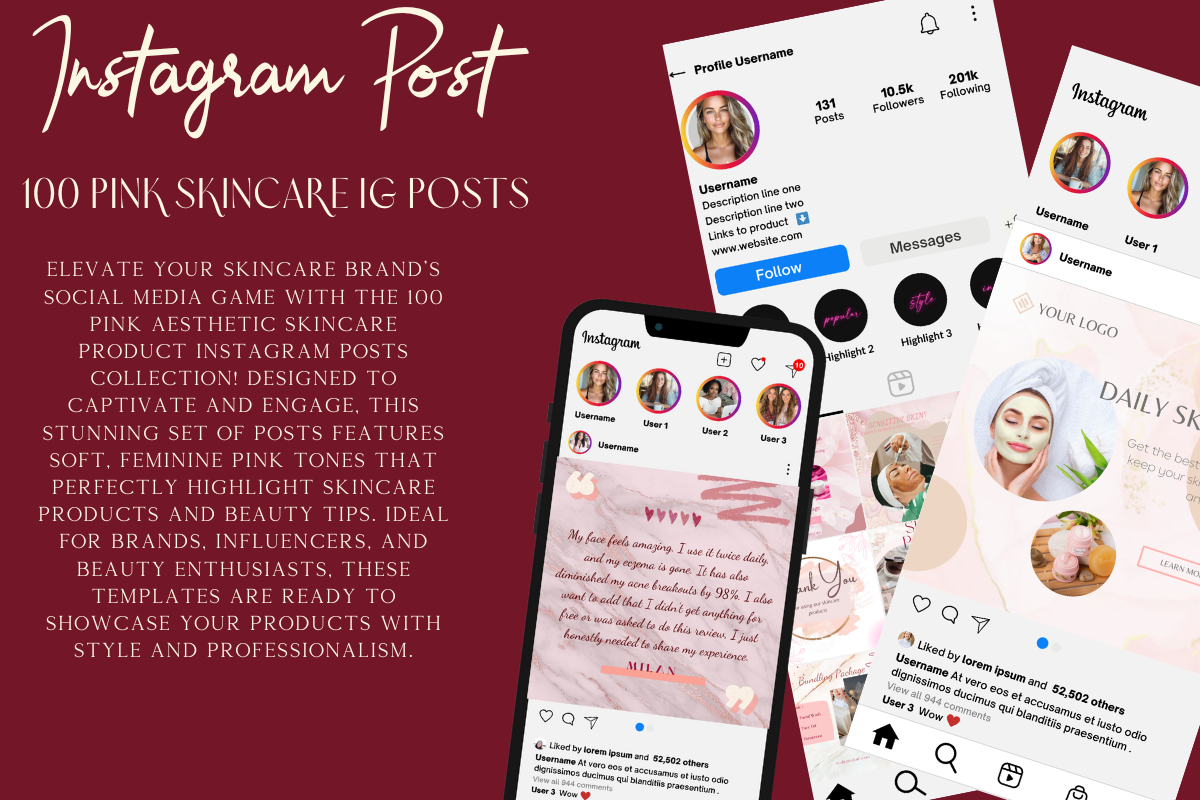 100 Pink Aesthetic Skincare Instagram Post Templates – Editable in Canva