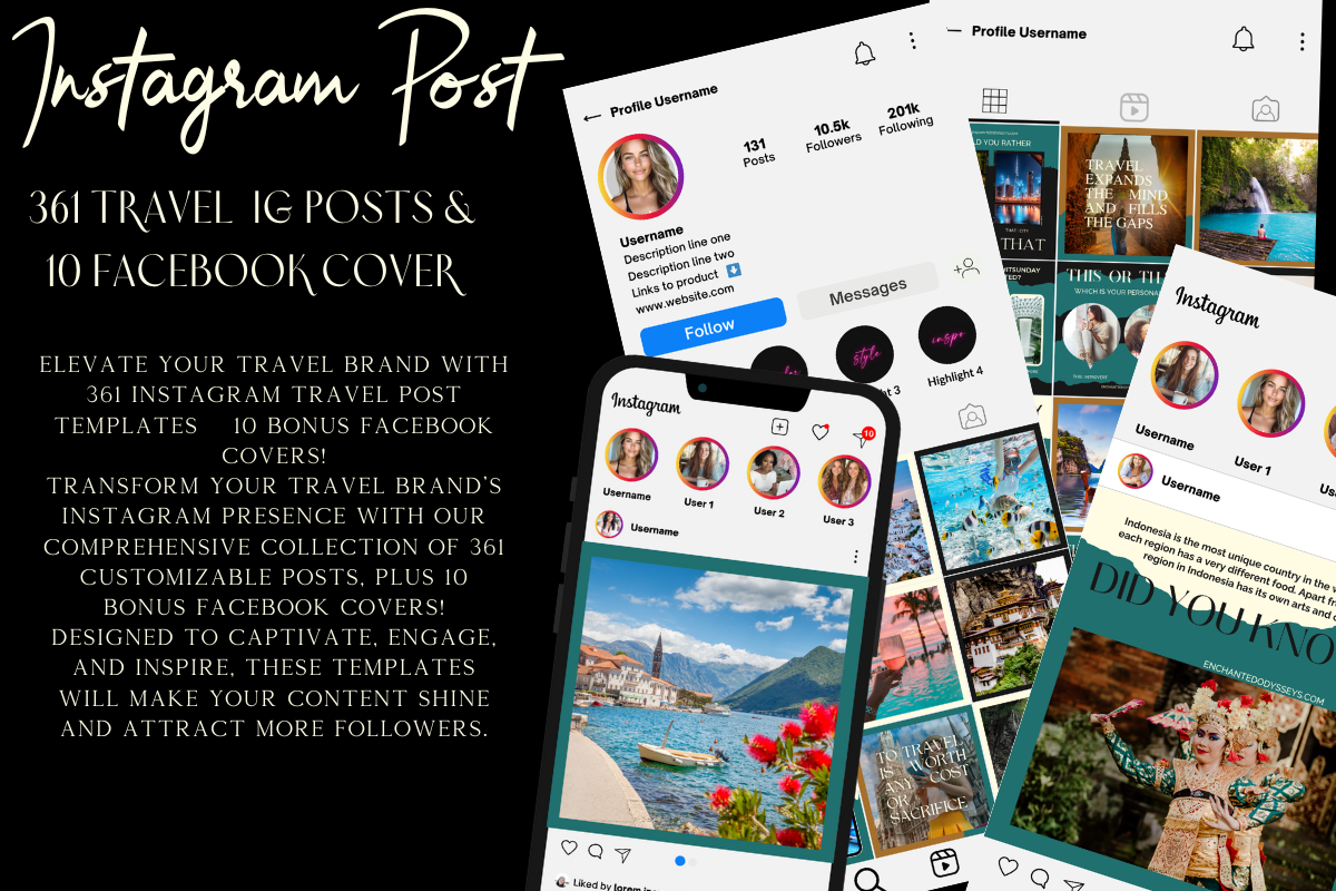 361 Instagram Post Templates & 10 Facebook Covers for Travel Brands – Customizable, Engaging Content for Social Media Growth"